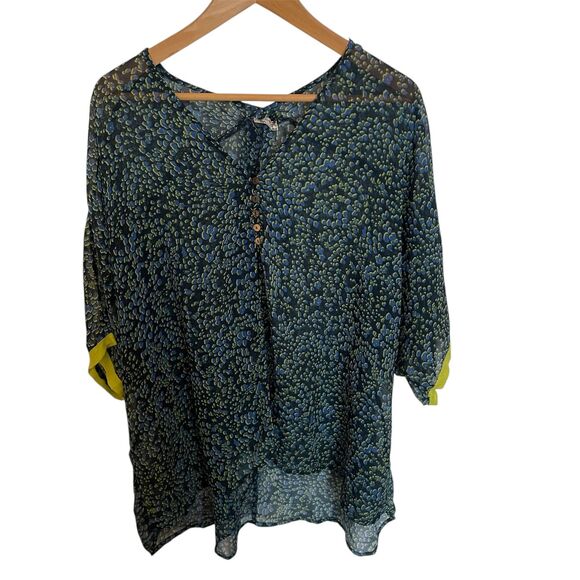 Free People Sleepin In Printed Shirt S Blue Kimono Cover Up Sheer Boho Relaxed - Picture 2 of 9